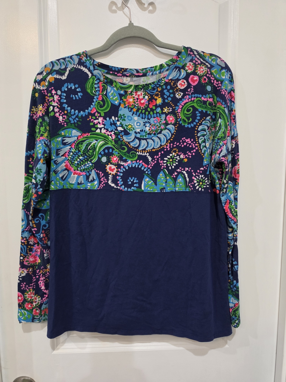 Lilly Pulitzer Long Sleeve Navy Top with Colorful Floral Yoke